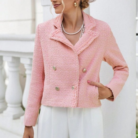 . Jackets & Blazers - Pink Preppy Womens Double Breasted Fringe Trimmed Crop Tweed Overcoat
